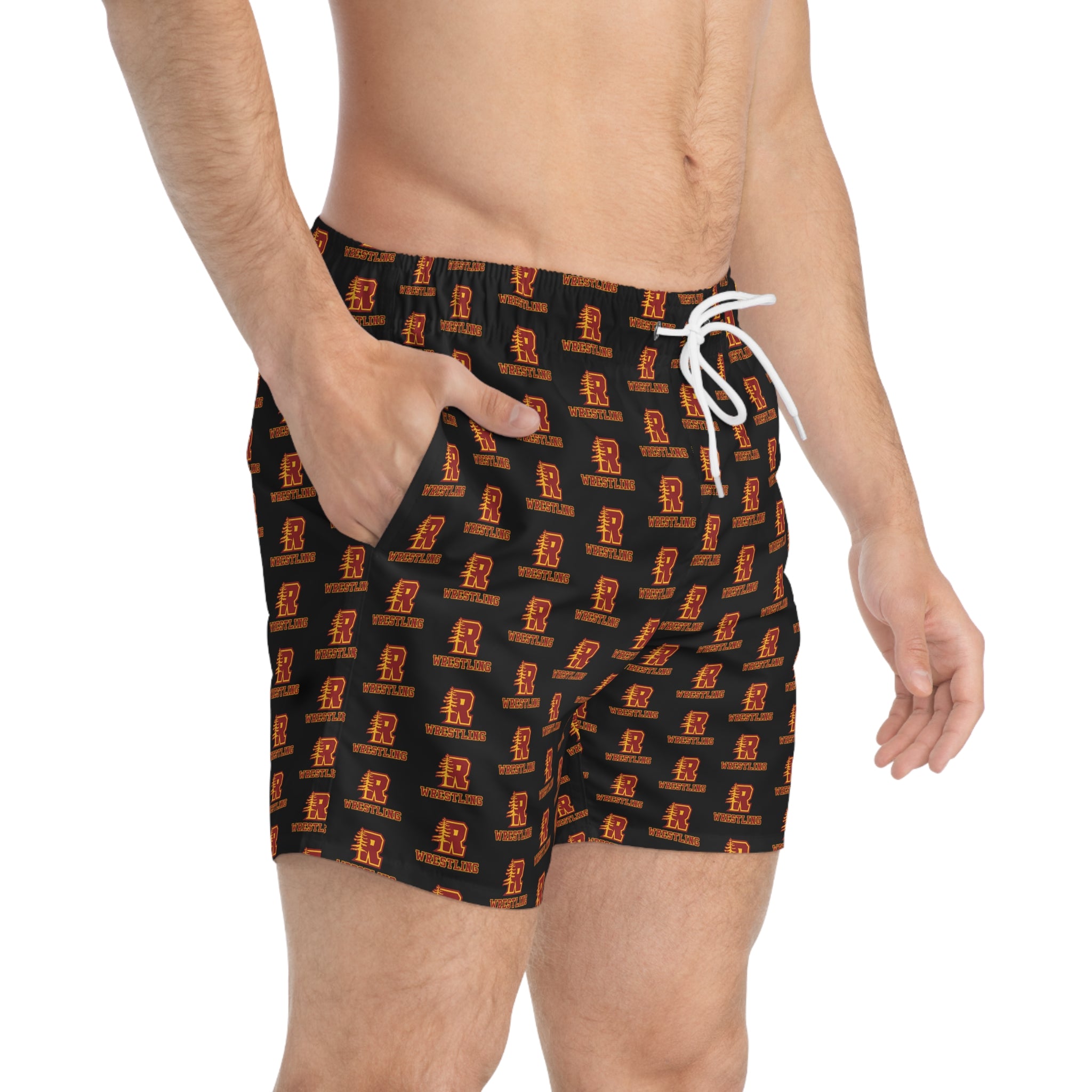 Redwoods Swim Trunks — All-Over Print Vintage Letterman Beach Shorts