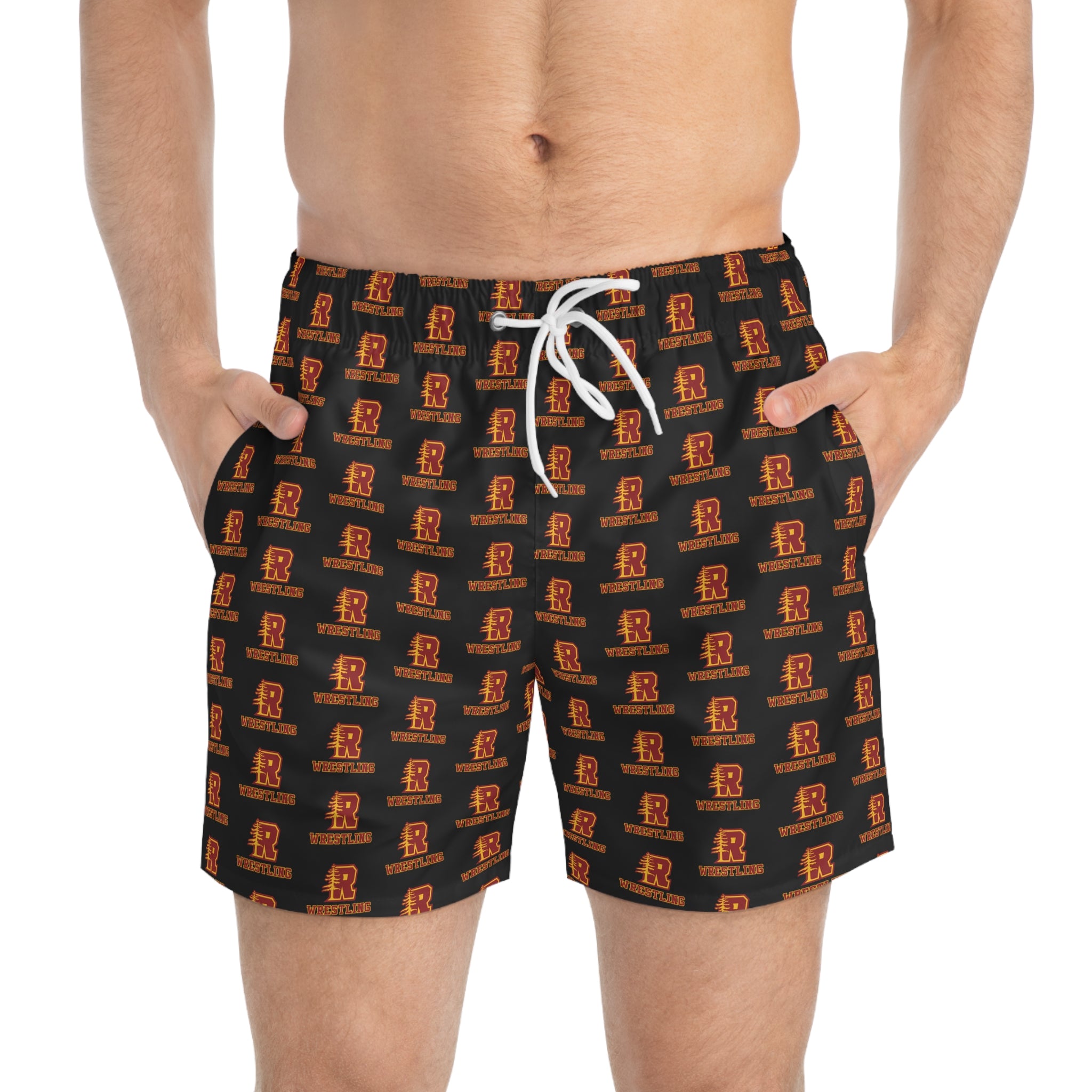 Redwoods Swim Trunks — All-Over Print Vintage Letterman Beach Shorts